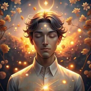 a young handsome man in linen shirt eyes closed w min 4